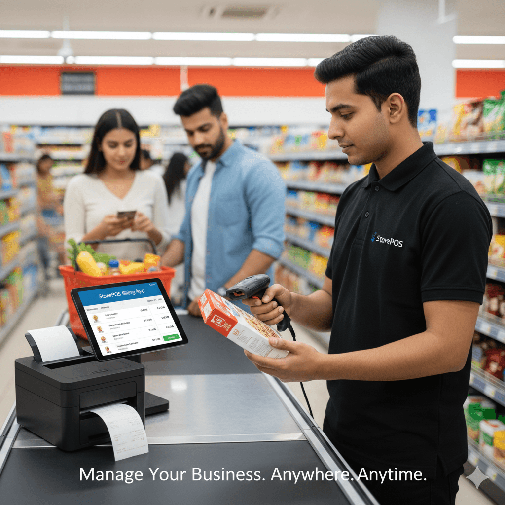 A cashier scanning a product at a supermarket counter with a StorePOS billing tablet and receipt printer